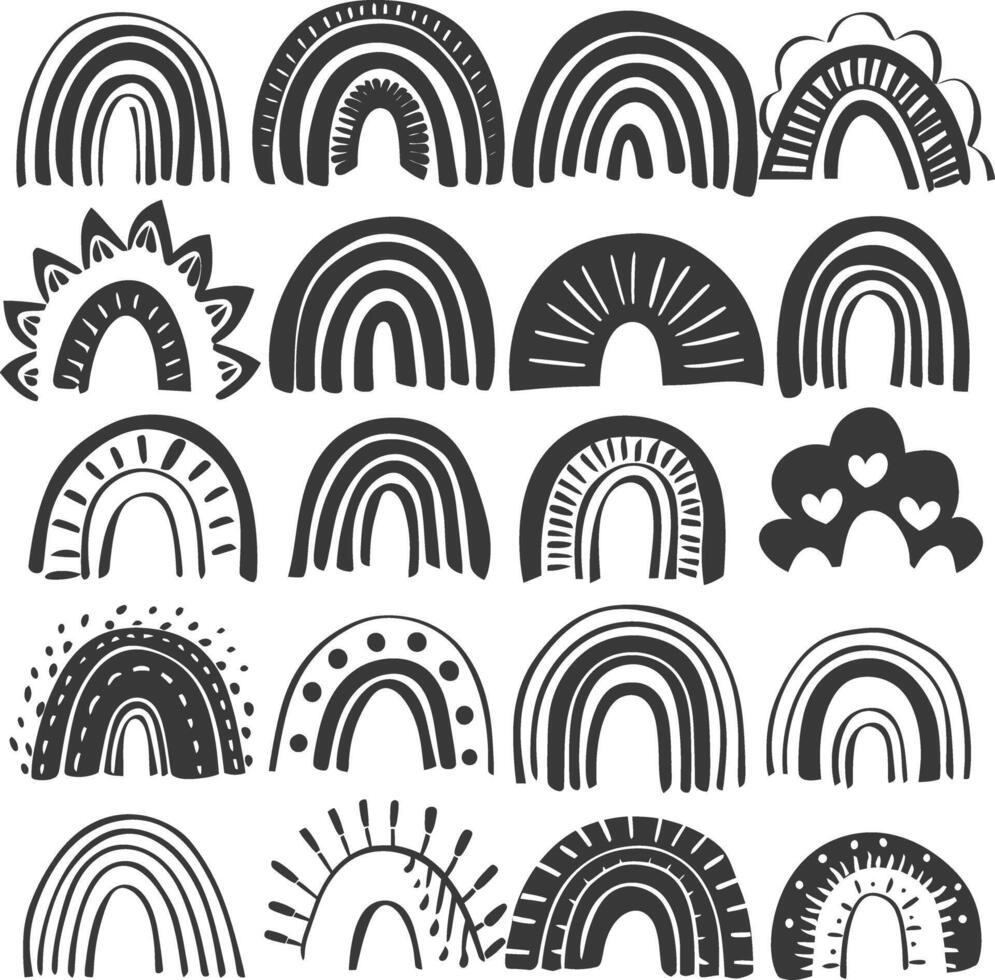 silhouette various rainbows doodle set hand drawn black color only vector