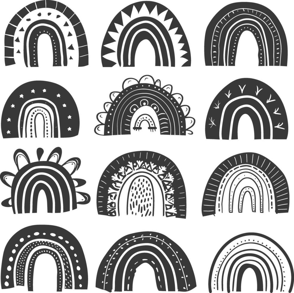 silhouette various rainbows doodle set hand drawn black color only vector