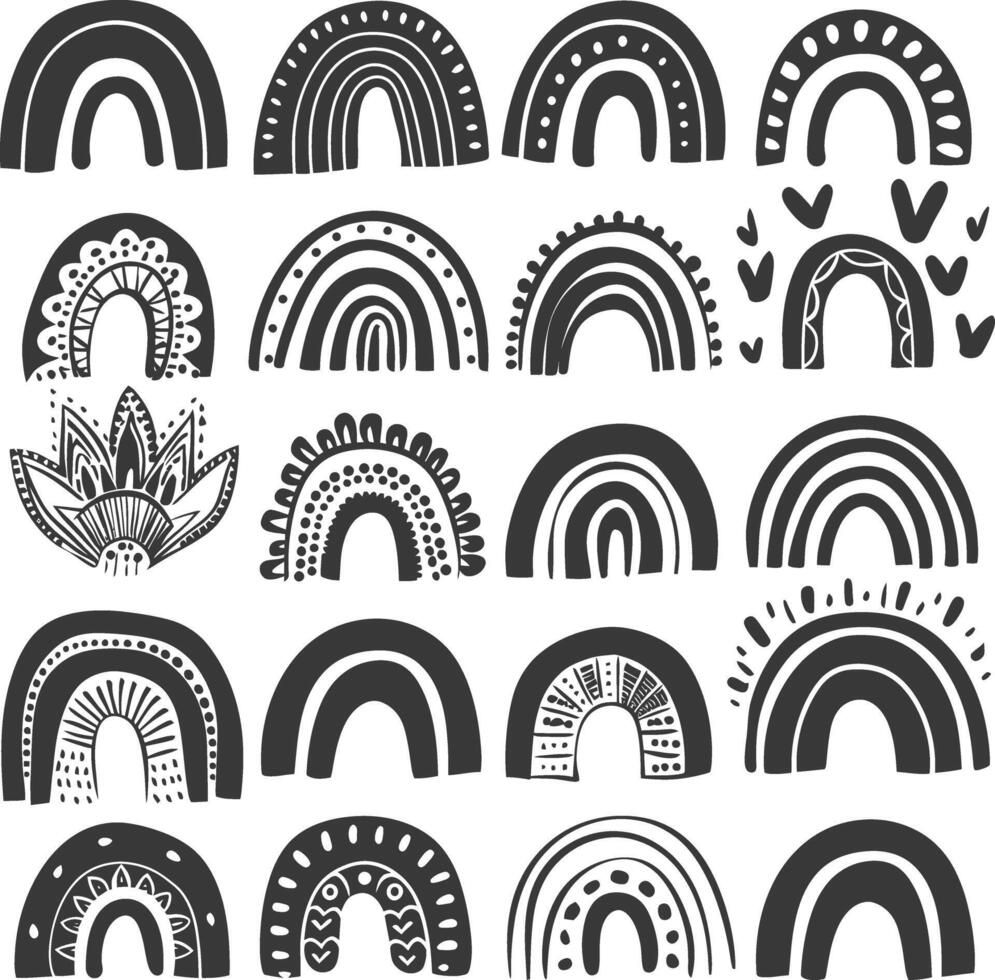 silhouette various rainbows doodle set hand drawn black color only vector