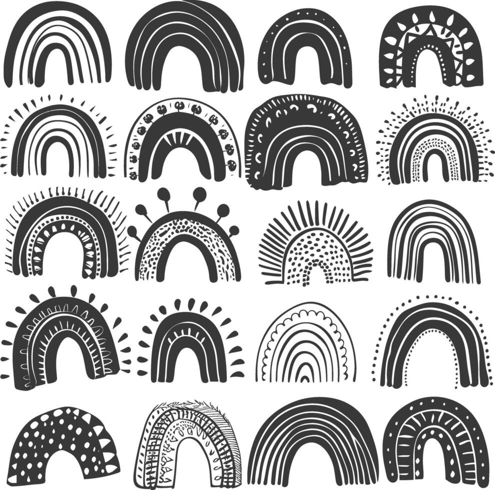 silhouette various rainbows doodle set hand drawn black color only vector