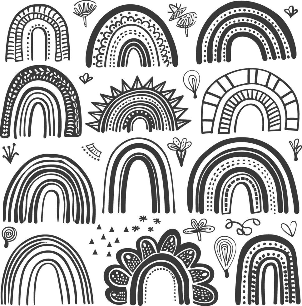 silhouette various rainbows doodle set hand drawn black color only vector