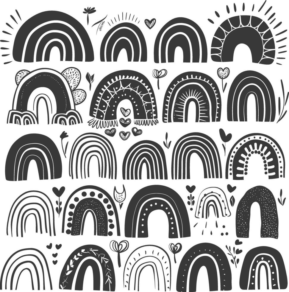 silhouette various rainbows doodle set hand drawn black color only vector