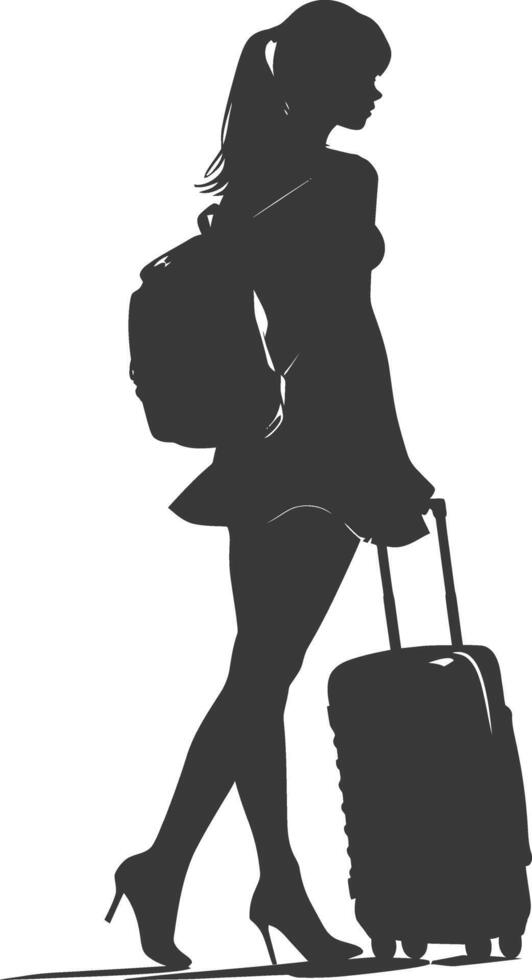 silhouette woman traveling with suitcase black color only vector
