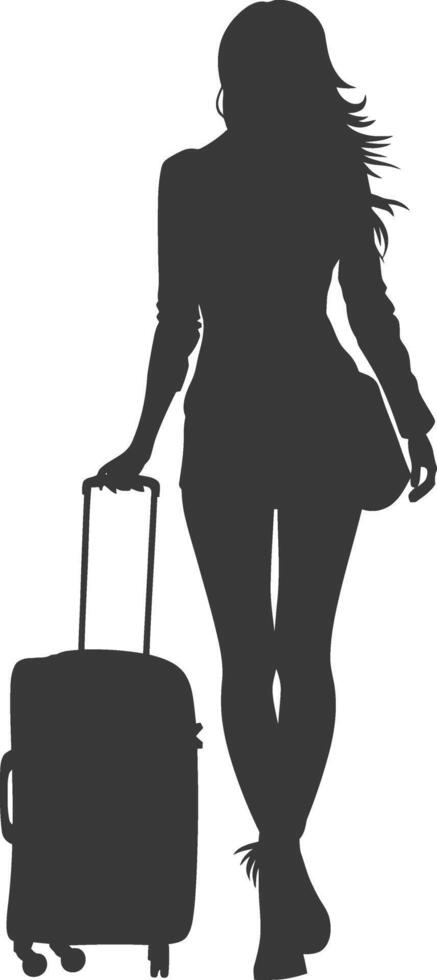 silhouette woman traveling with suitcase black color only vector