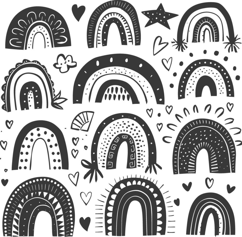 silhouette various rainbows doodle set hand drawn black color only vector