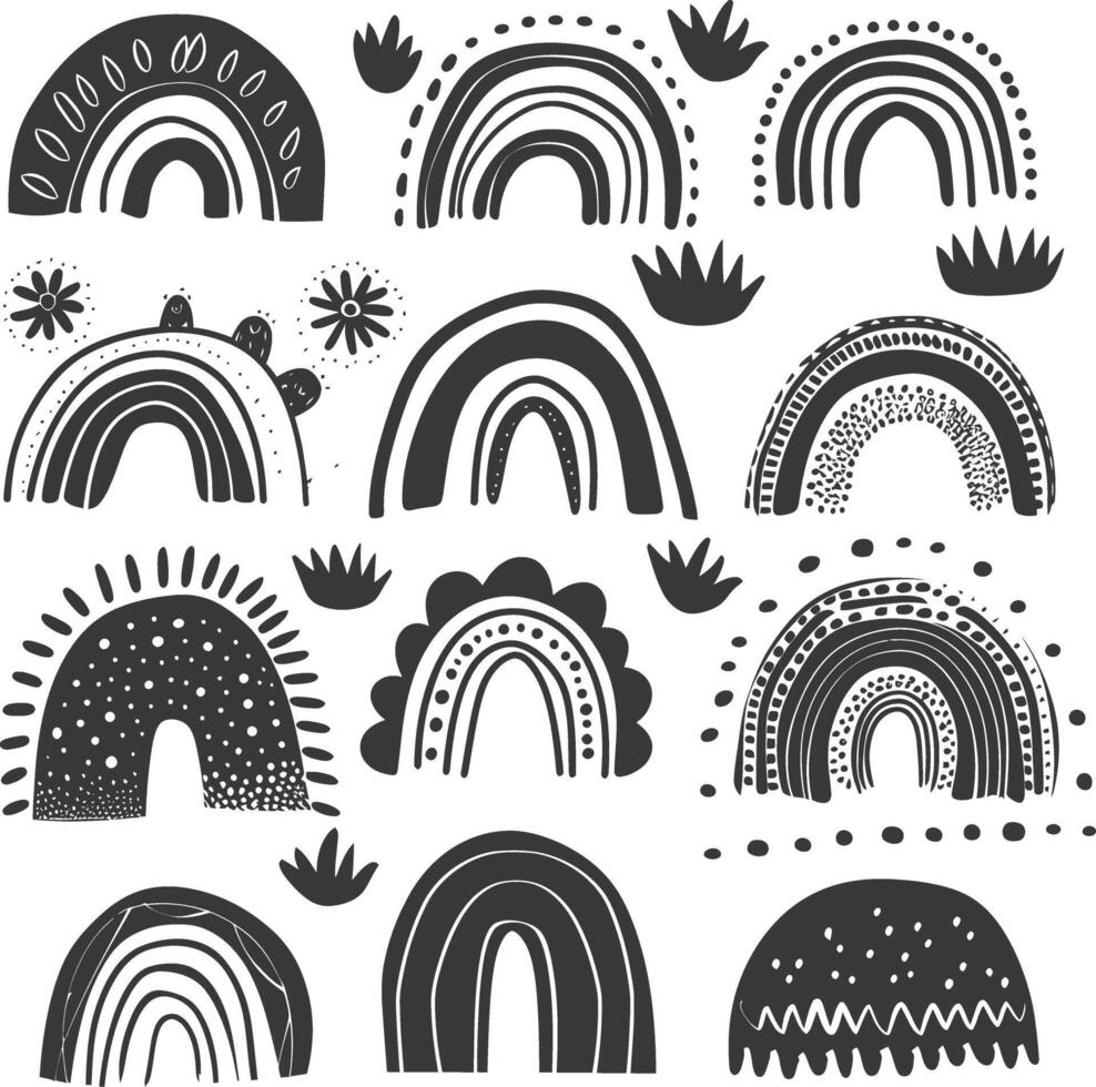silhouette various rainbows doodle set hand drawn black color only vector