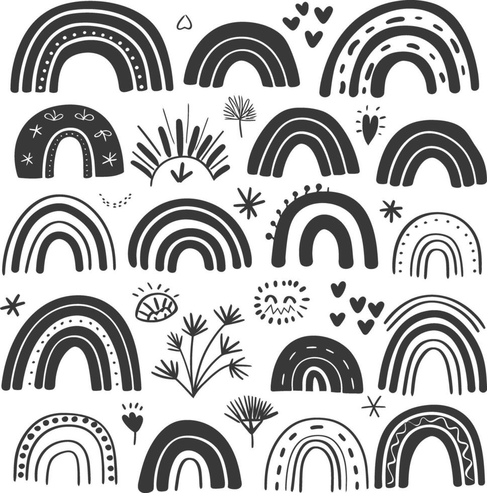 silhouette various rainbows doodle set hand drawn black color only vector