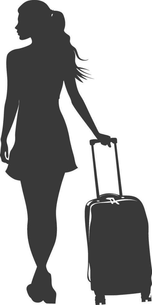 silhouette woman traveling with suitcase black color only vector