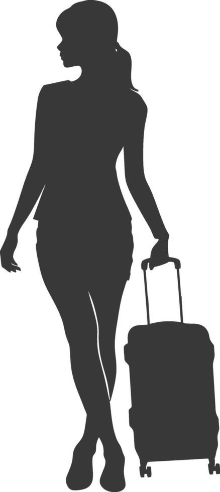 silhouette woman traveling with suitcase black color only vector