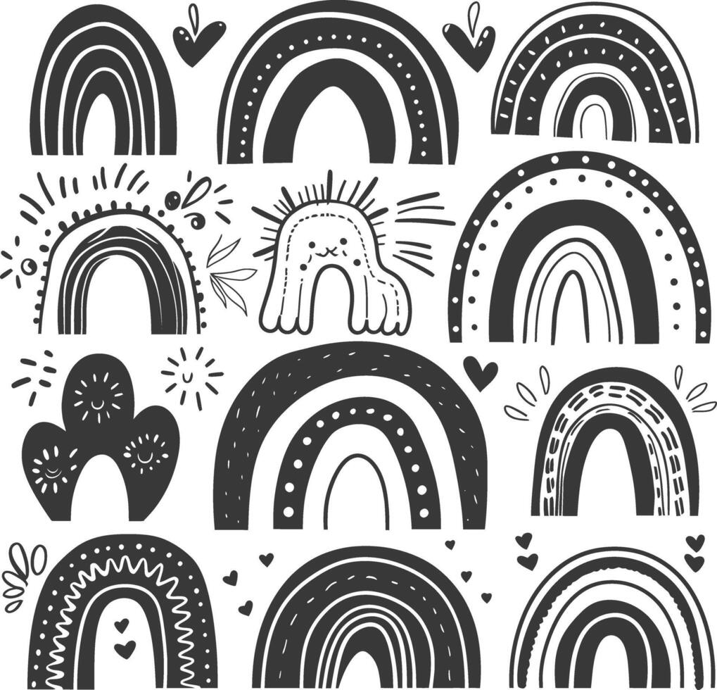silhouette various rainbows doodle set hand drawn black color only vector