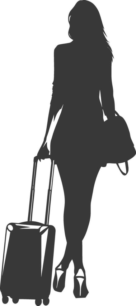 silueta mujer de viaje con maleta negro color solamente vector