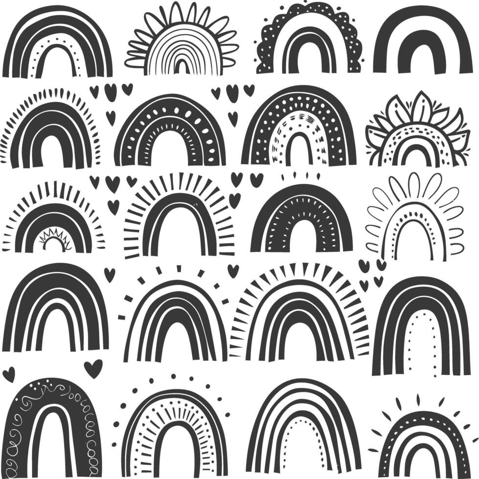 silhouette various rainbows doodle set hand drawn black color only vector