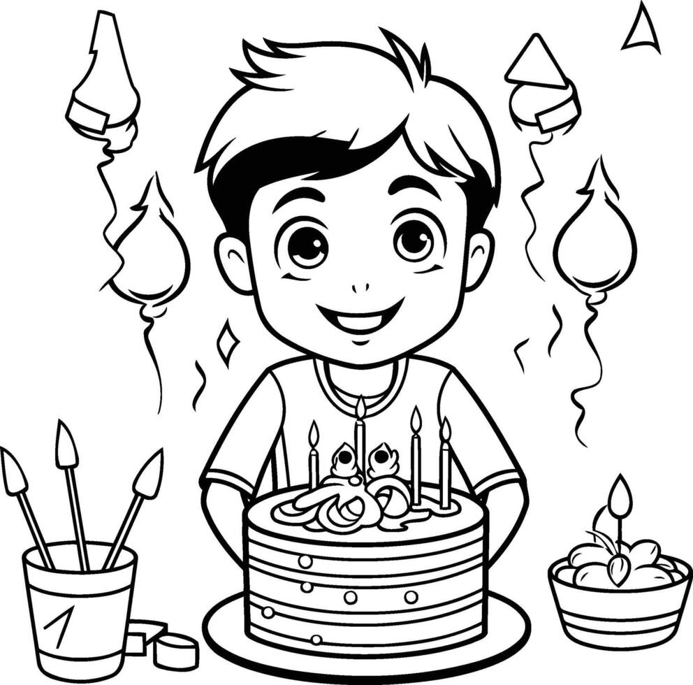 Coloring book for children boy with cake and candles. illustration. vector
