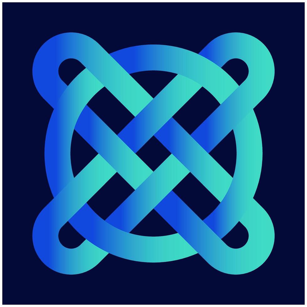 Multiplication logo in circle, Knot, Cross in Circle Logo, Knot on the dark blue background. Celtic knot on a knot. Background Colours Merchant Marine Blue, Bianchi Green, Oblivion, River Blue vector