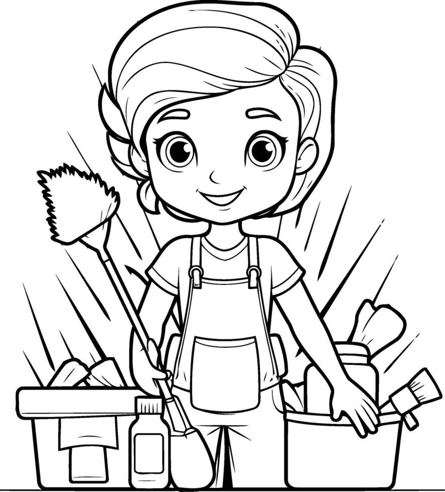 Coloring page of a little girl cleaning the house. illustration vector