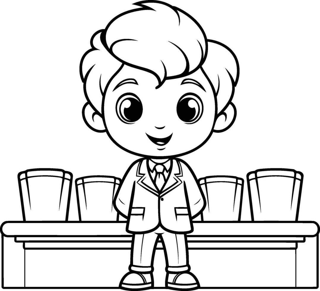 Cute little boy sitting at the table. Black and white illustration. vector