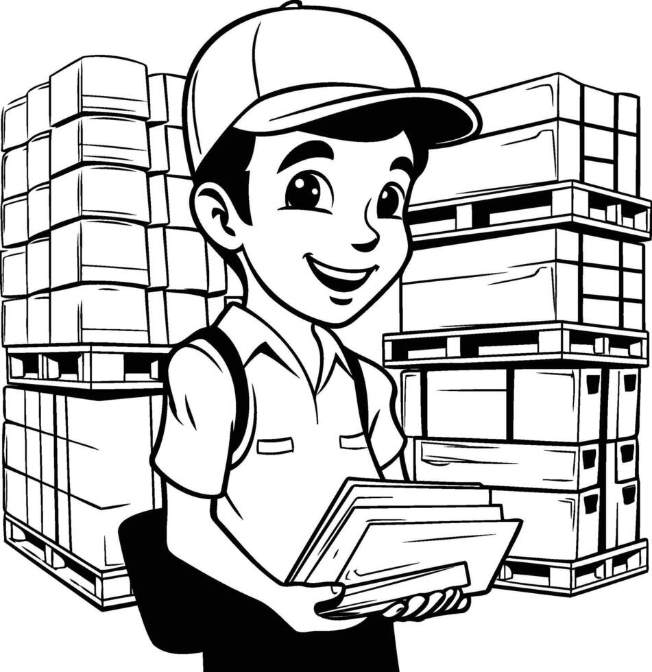 Delivery man with boxes. Black and white illustration for coloring book. vector