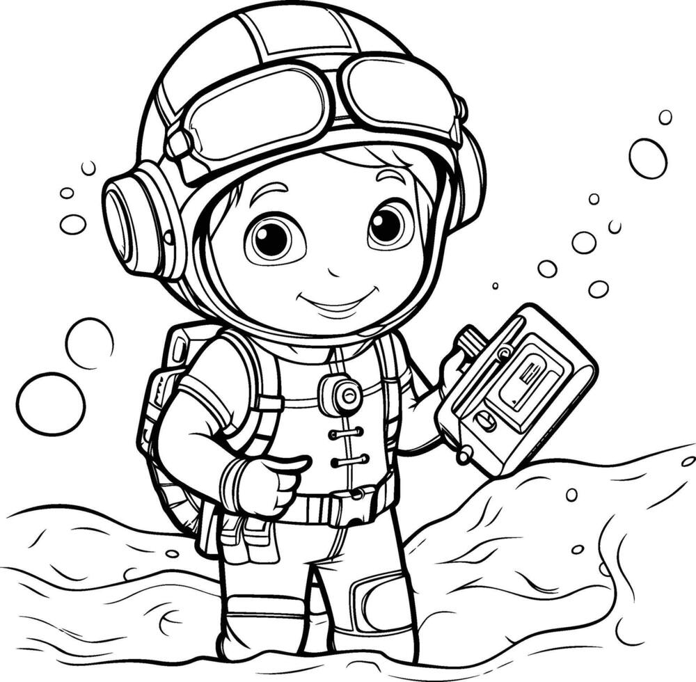 Coloring book for children Cute little boy in space suit and helmet vector