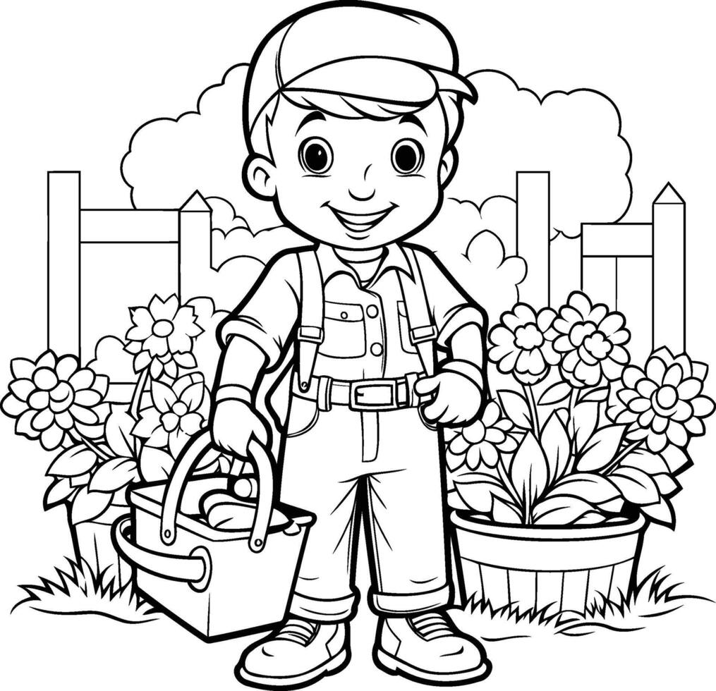 negro y blanco dibujos animados ilustración de linda jardinero o jardinero chico personaje para colorante libro vector