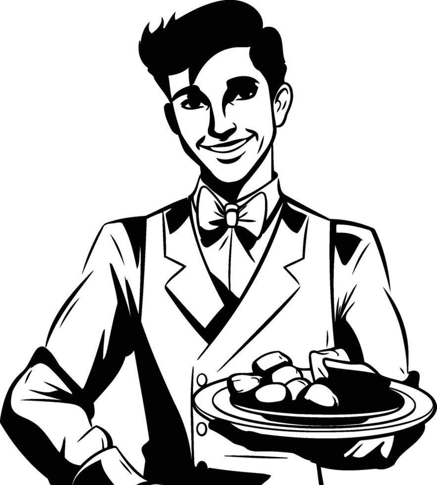 waiter with a tray of olives. black and white illustration vector