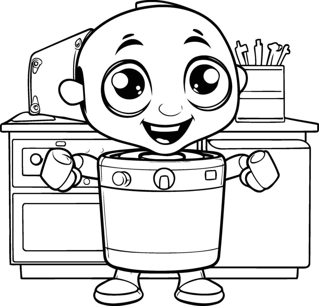 colorante libro para niños bebé chico jugando en el cocina con juguetes vector