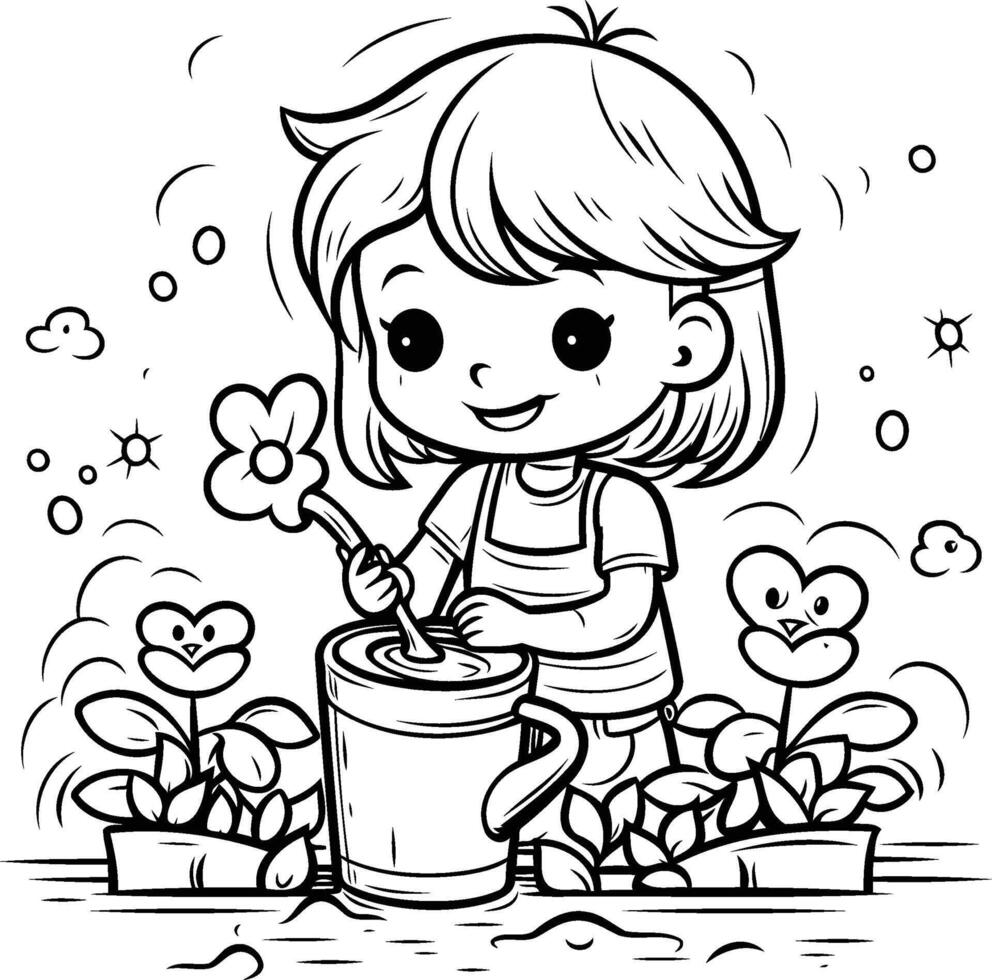 Little girl watering flowers. Coloring book for children. illustration. vector