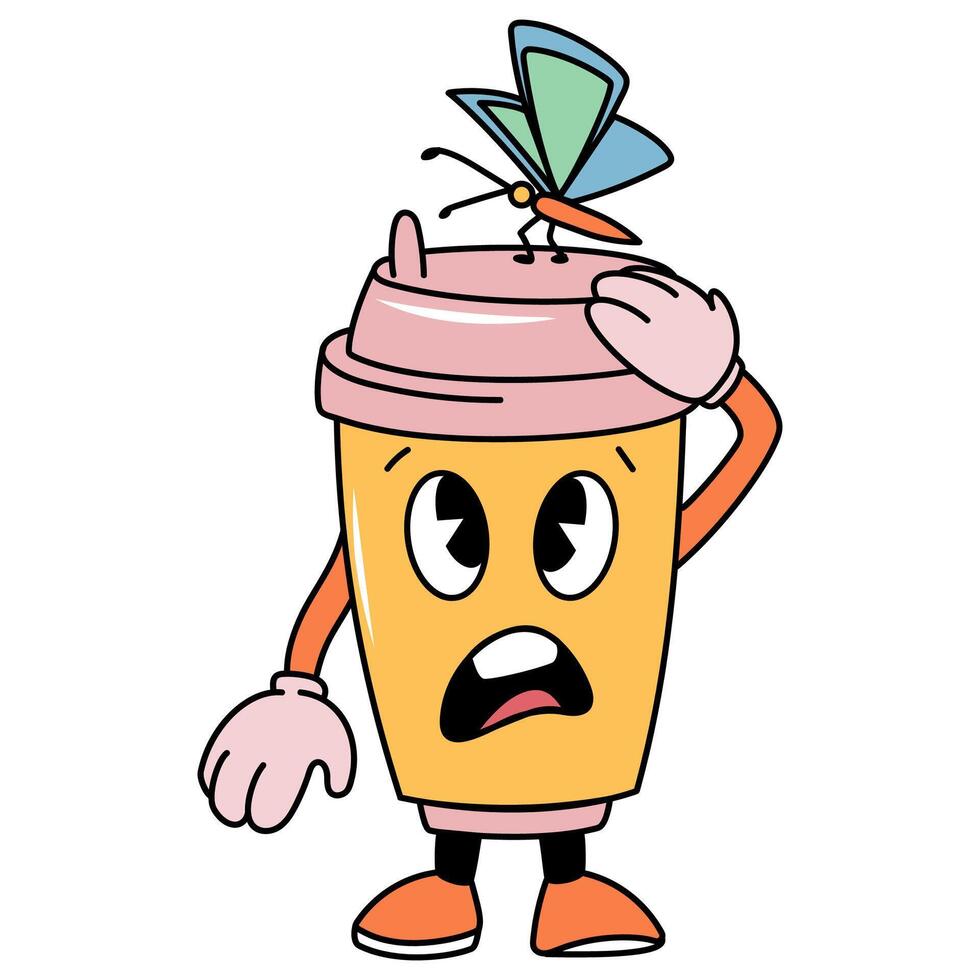 Surprised groovy Coffee Cup with Butterfly vector