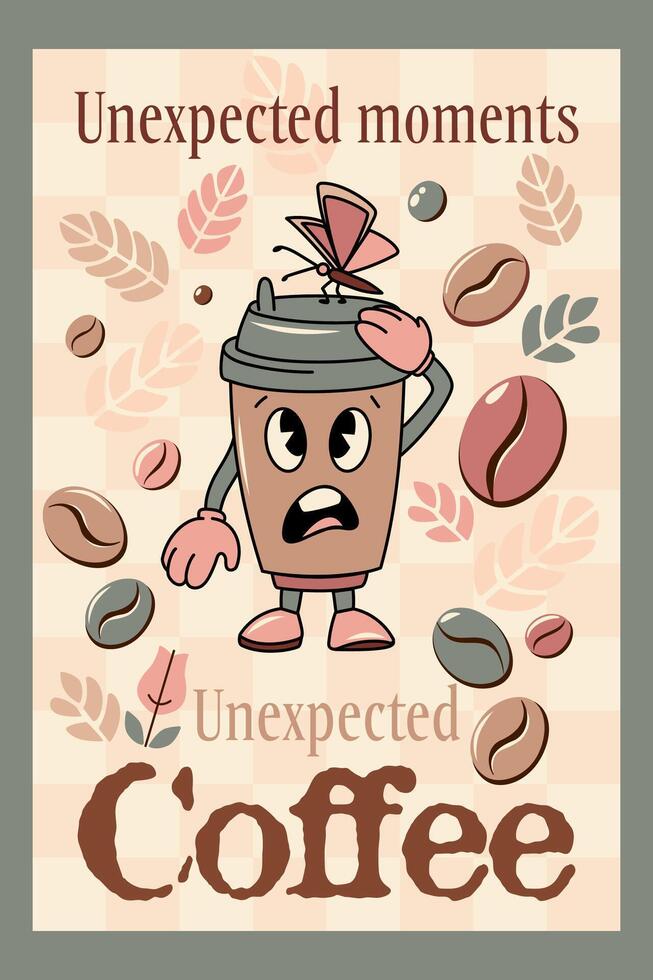 retro poster Coffee Cup groovy Character with Lid Off vector