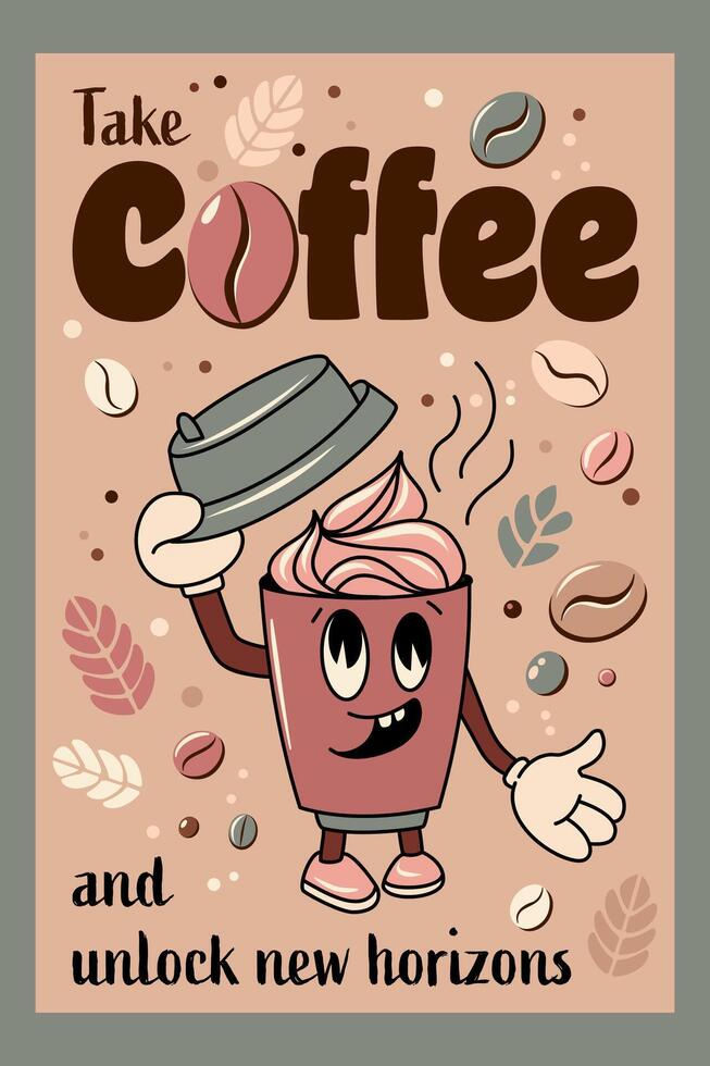 retro poster Coffee Cup groovy Character vector