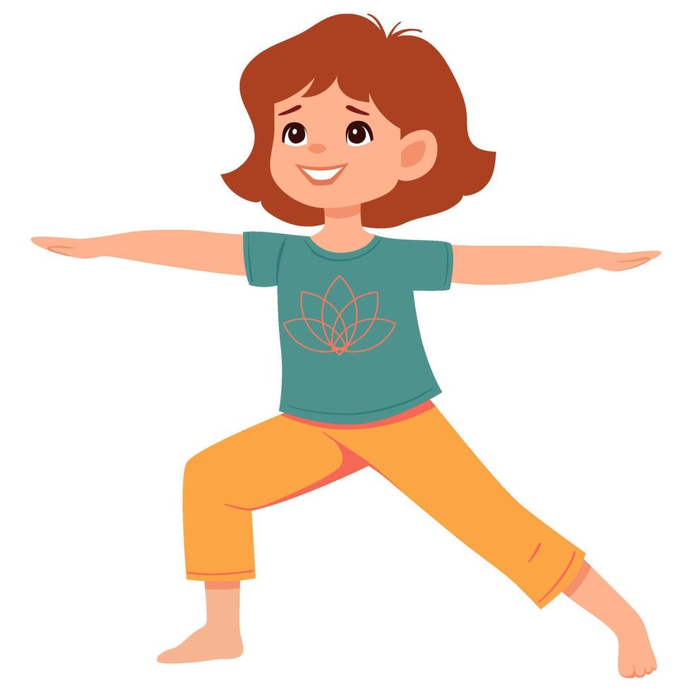 niña haciendo yoga guerrero 2 actitud vector