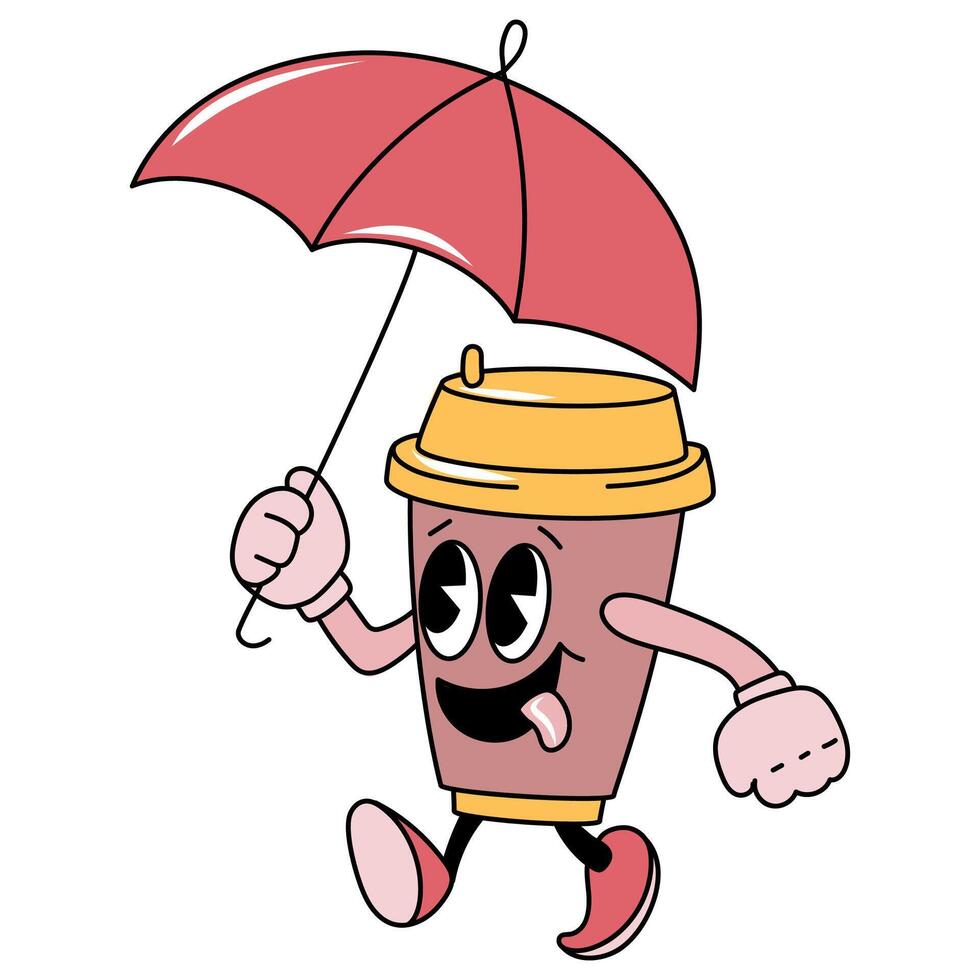 Coffee Cup groovy Character with Umbrella vector