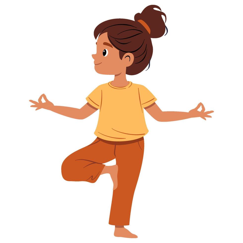 niña haciendo yoga árbol actitud vector