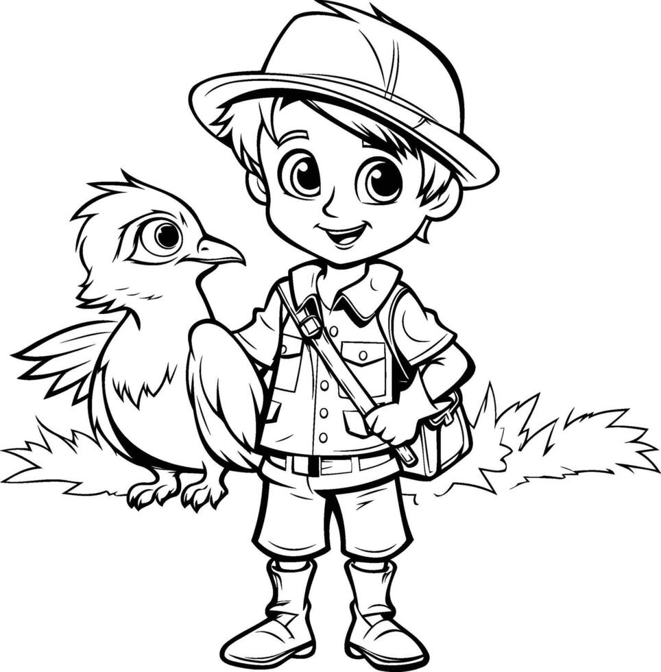 Boy scout with a bird - black and white illustration for coloring book vector