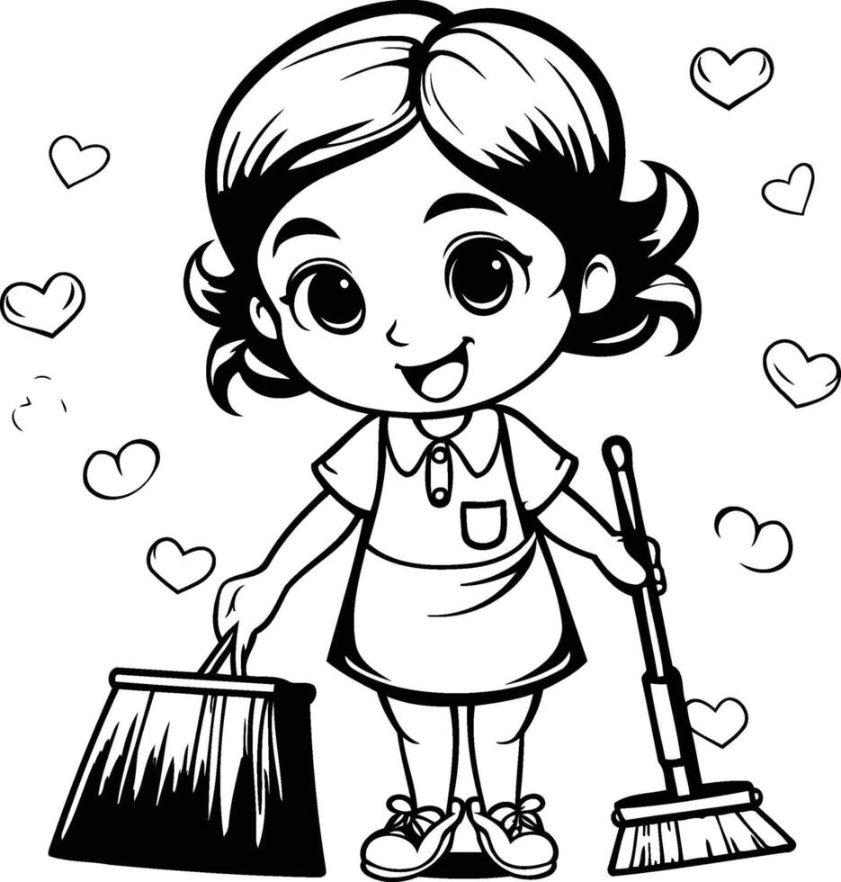 negro y blanco dibujos animados ilustración de linda pequeño niña participación un Escoba para colorante libro vector