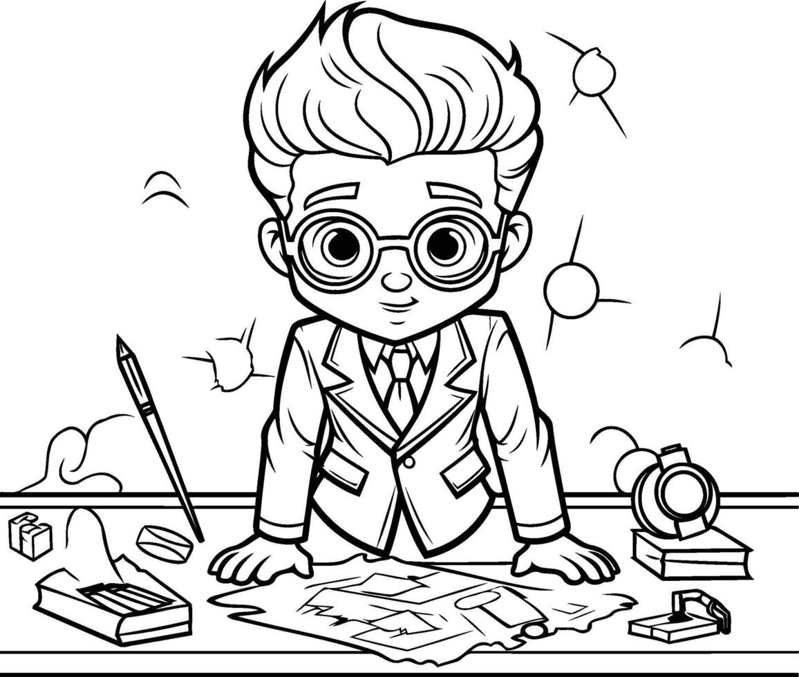 Coloring book for children Boy in school uniform and glasses. illustration. vector