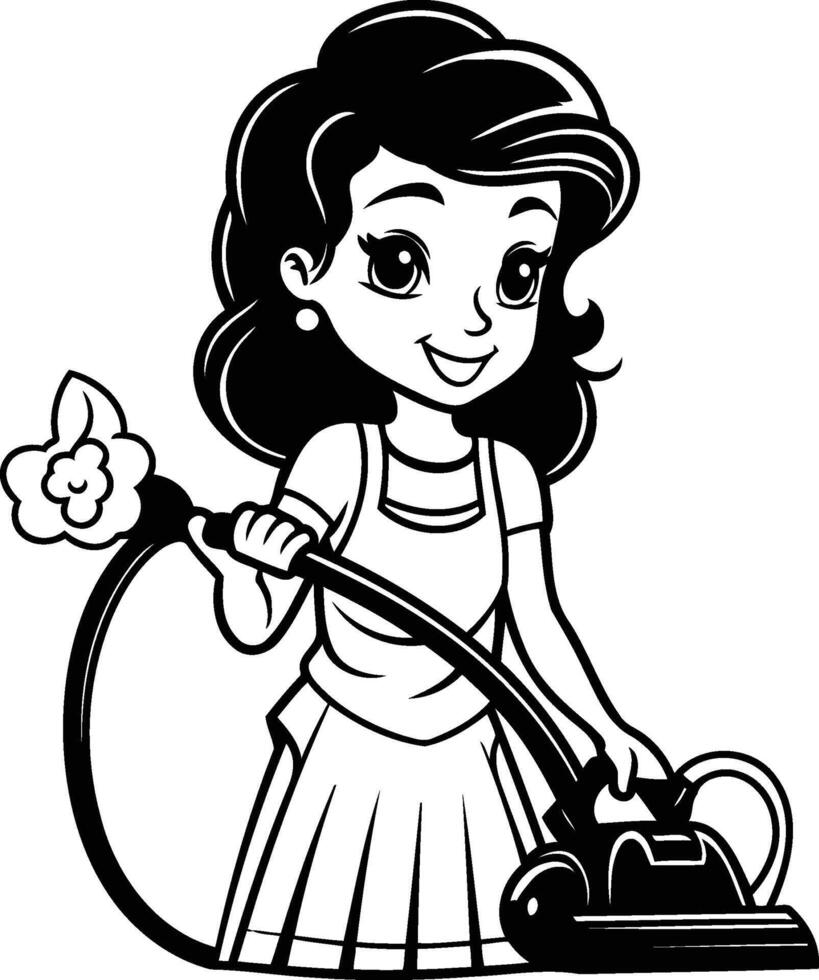 Cute girl with a vacuum cleaner and a flower. illustration. vector