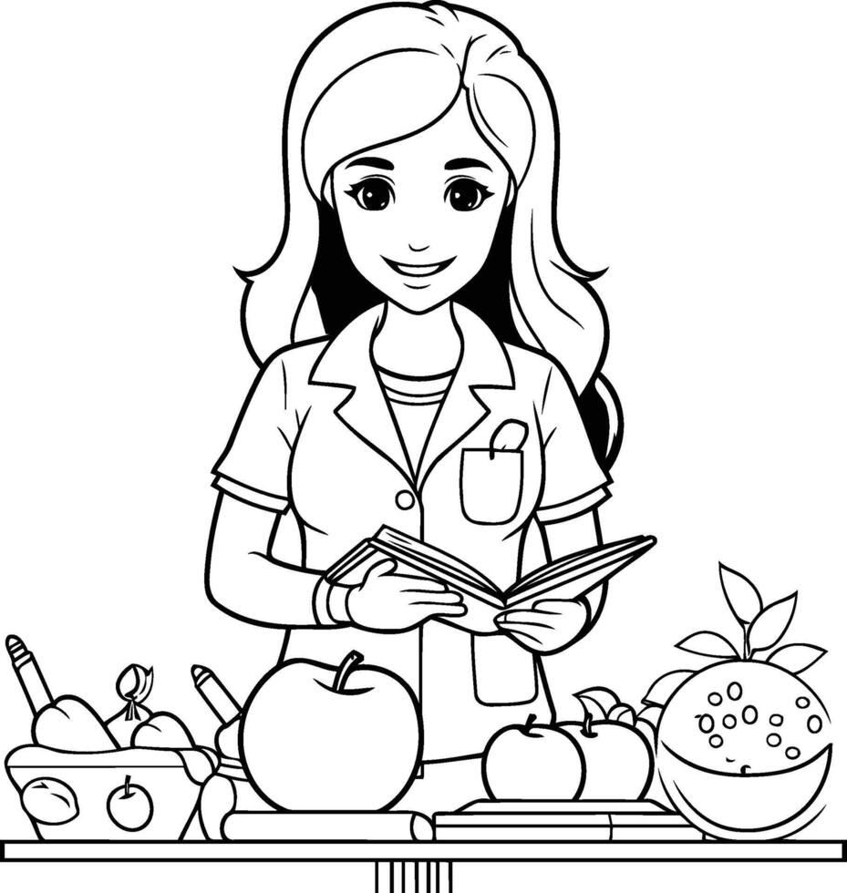 niña médico con manzana y libro. ilustración en negro y blanco. vector