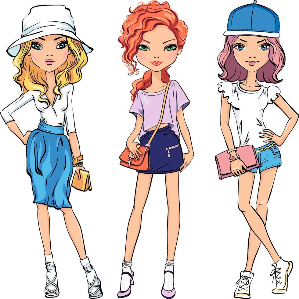 SET of cute fashionable girls vector