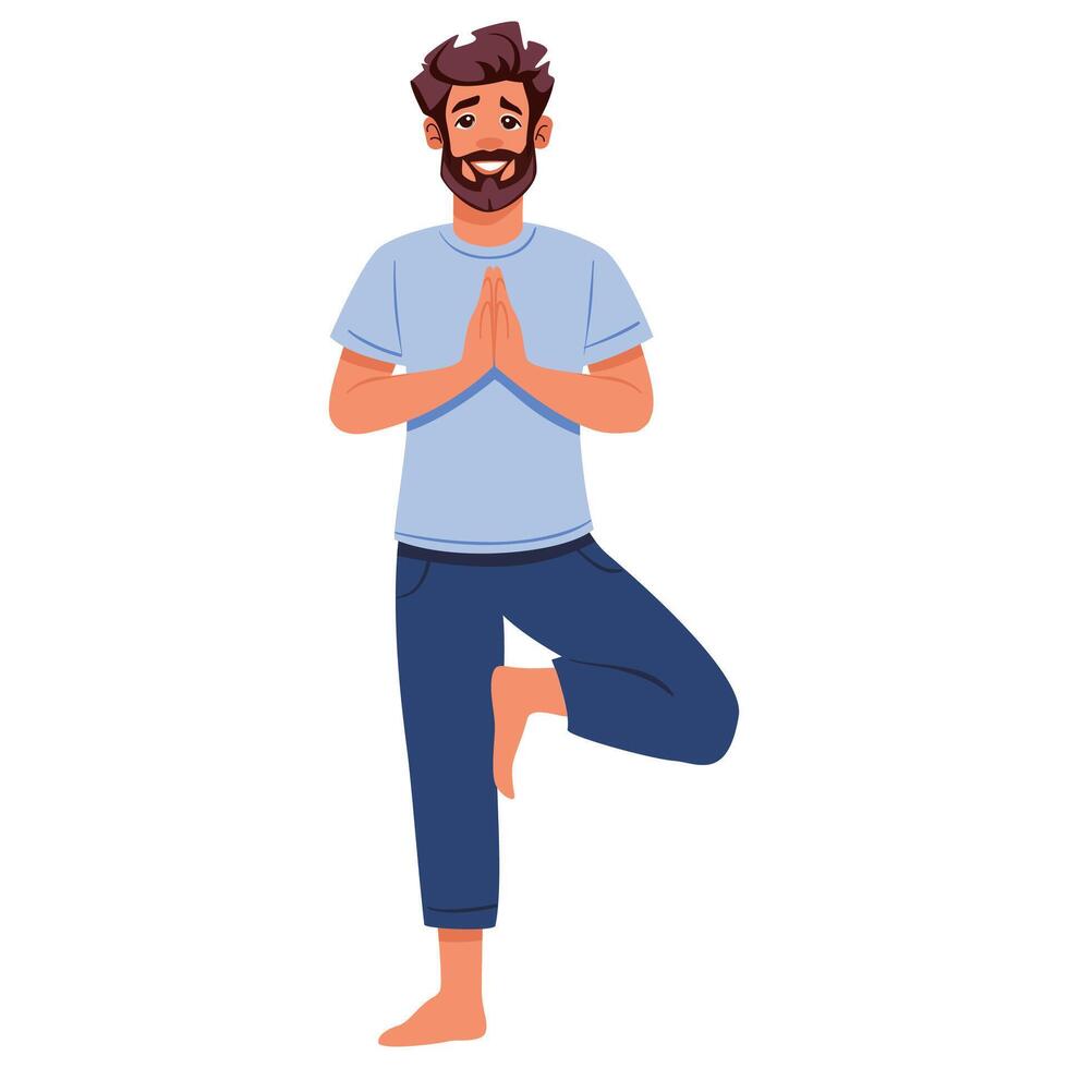 Young man doing yoga tree pose vector