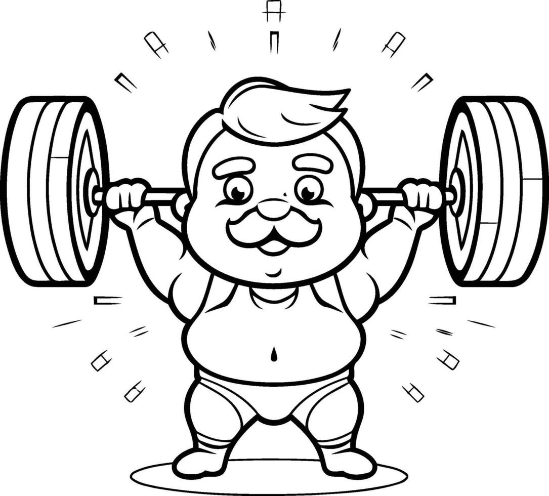 Black And White Cartoon Illustration of Fat Man Lifting Barbell for Coloring Book vector