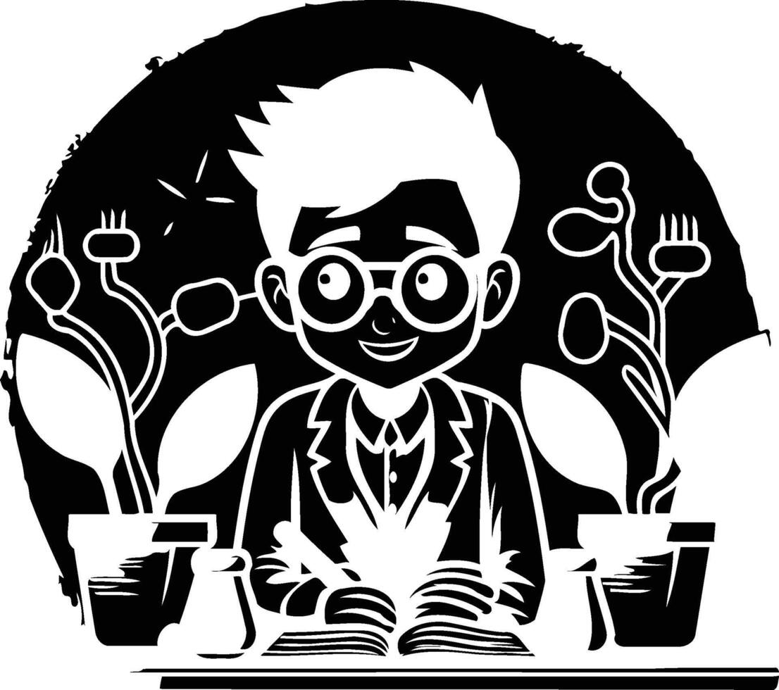 Man reading a book in a cafe. Black and white illustration. vector