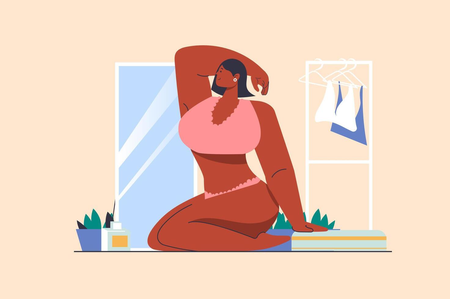 Underwear concept with people scene in flat design. Curvy woman posing in beautiful lingerie nearby mirror. Body positive and plus size female. illustration with character situation for web vector