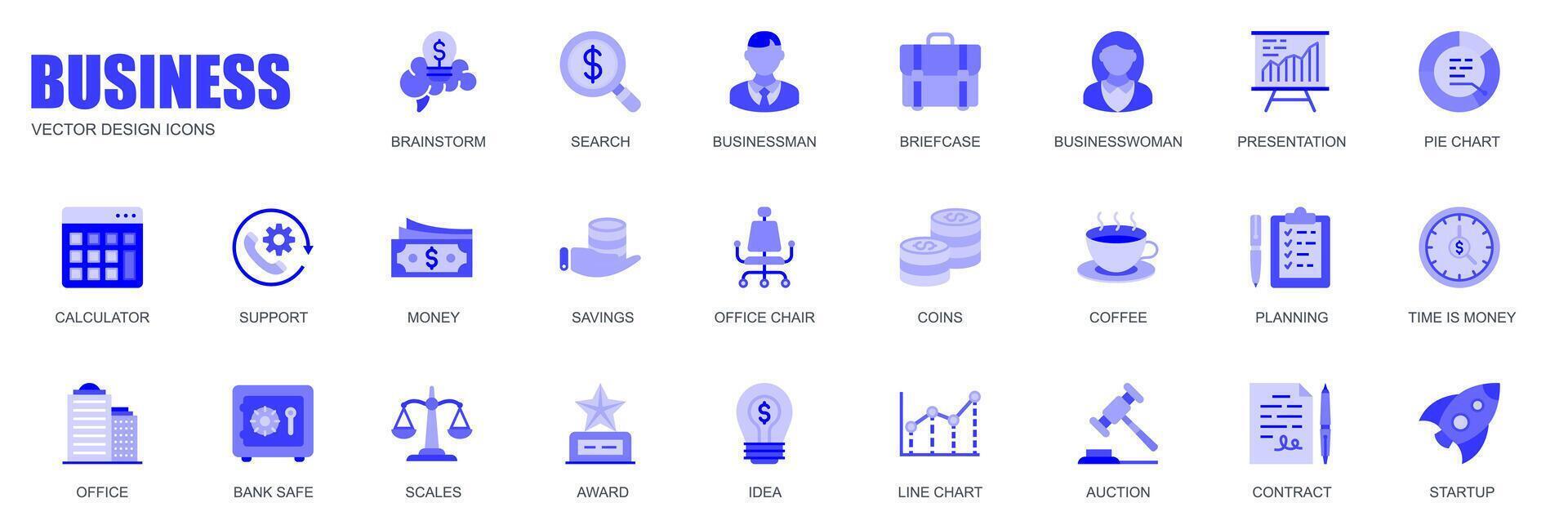 Business concept of web icons set in simple flat design. Pack of brainstorm, briefcase, presentation, pie chart, calculator, support, money, savings and other. blue pictograms for mobile app vector