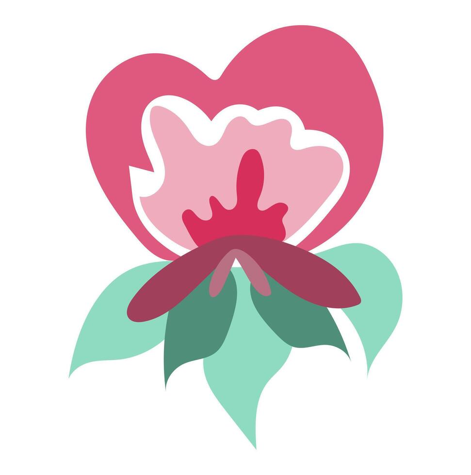 Pink flower head with leaves in flat design. Abstract petals blooming. illustration isolated. vector