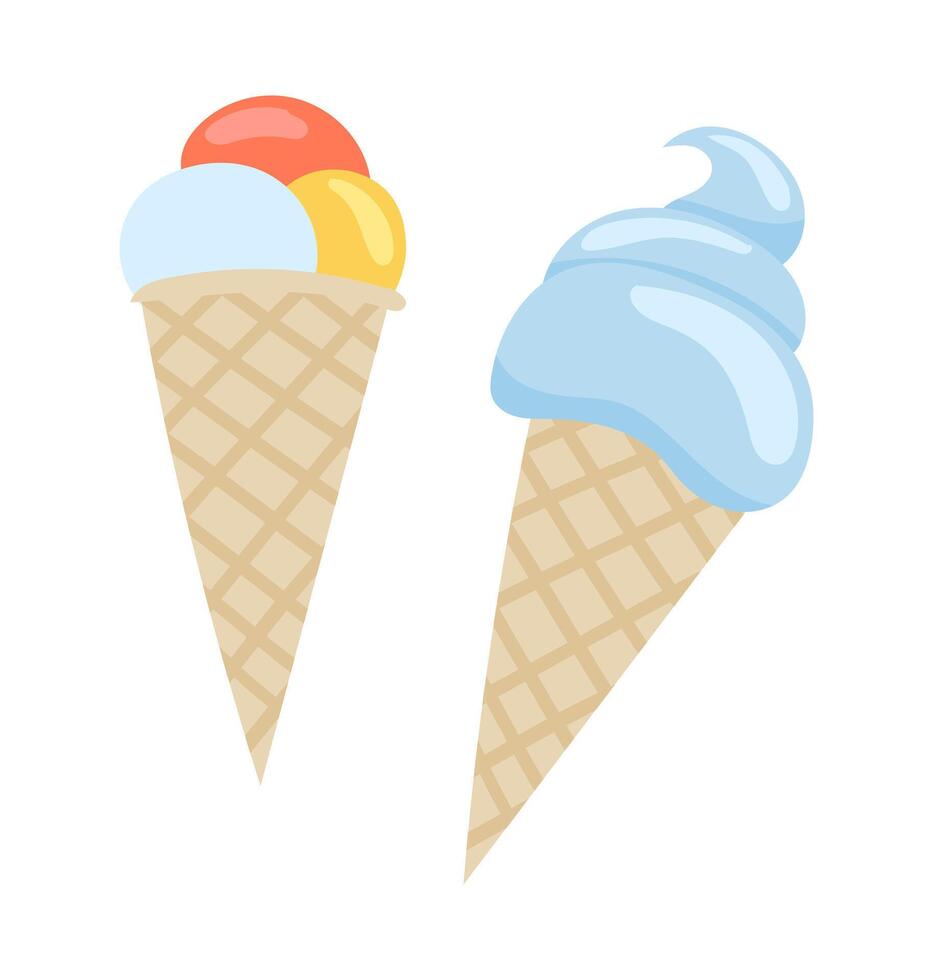 Ice creams in flat design. Cold delicious gelato and sundae balls dessert. illustration isolated. vector