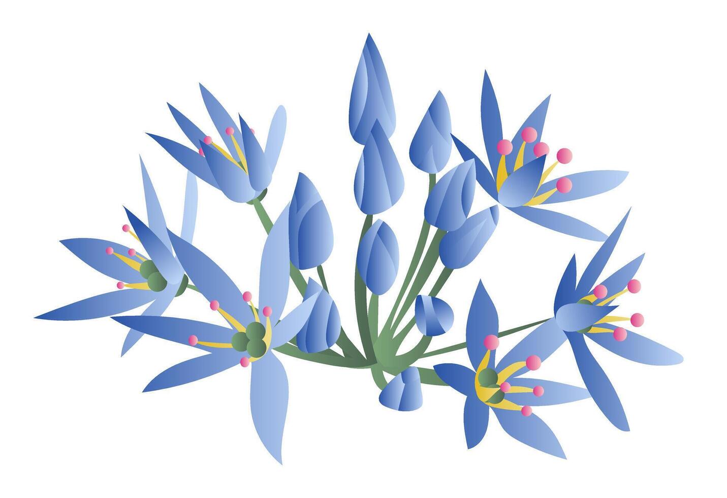 Blue lily flowers in bush in flat design. Blooming spring blossoms. illustration isolated. vector