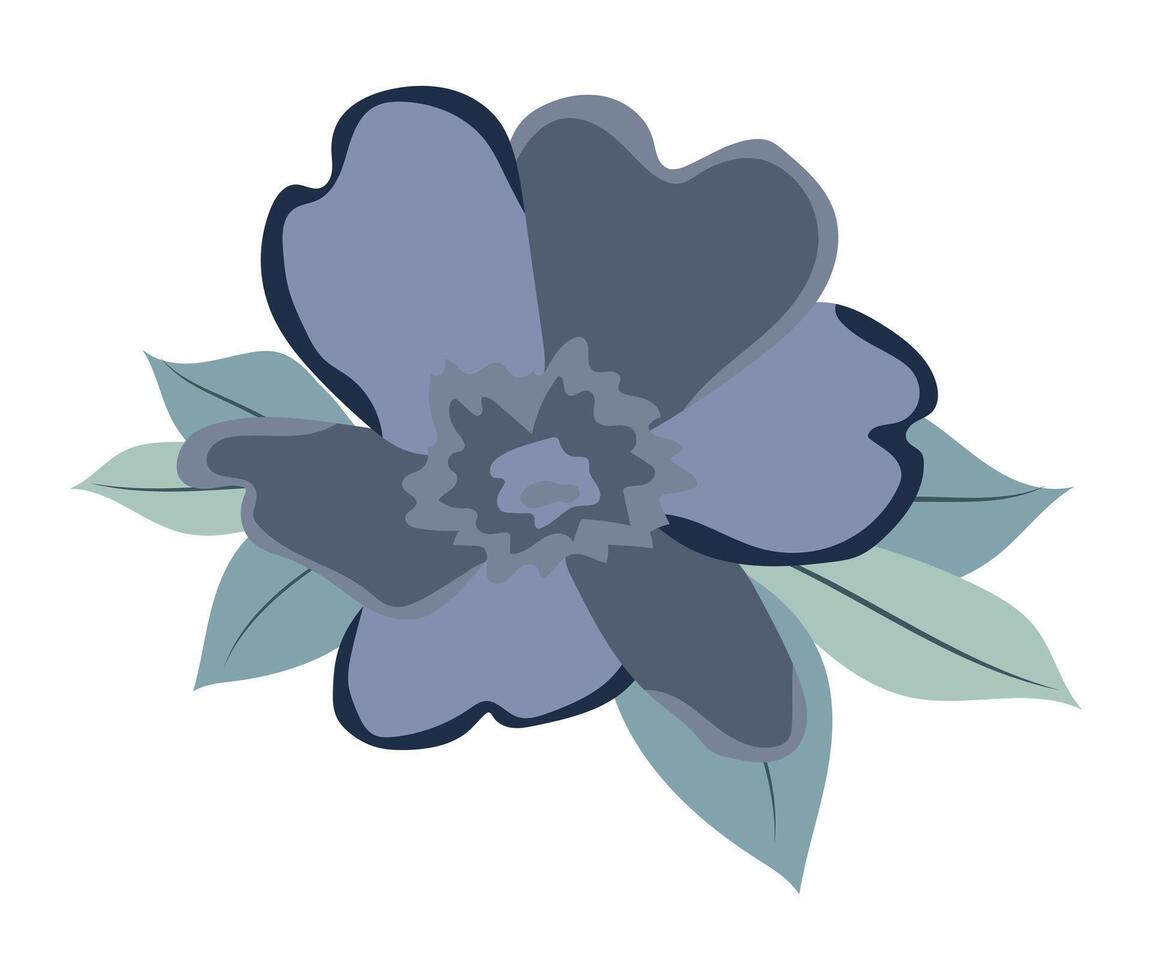 resumen peonía cabeza con azul pétalos en plano diseño. florecer con hojas. ilustración aislado. vector