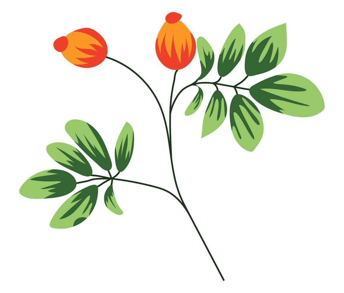 Rosehip branch with leaves in flat design. Dog rose berries on green twig. illustration isolated. vector