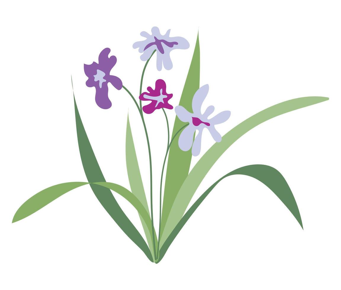 Abstract purple wildflowers in flat design. Summer blooming iris flowers. illustration isolated. vector