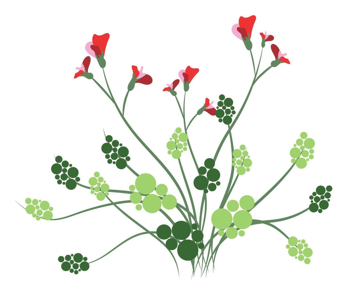 Abstract red wildflowers with leaves in flat design. Delicate blooming flowers. illustration isolated. vector